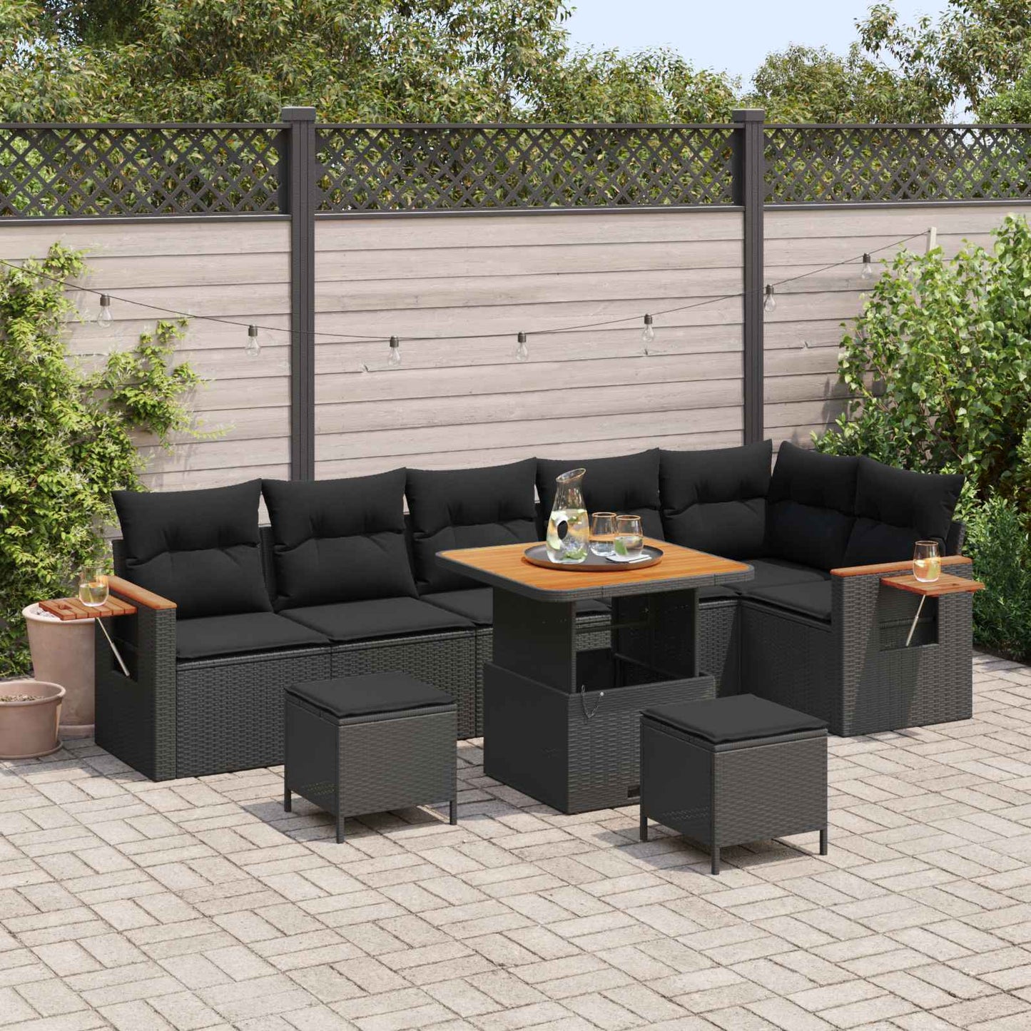 Tuinbankenset 9 pcs Zwart Poly rattan en gepoedercoat staal is nu te koop bij PeponiXL, paradijselijk wonen!