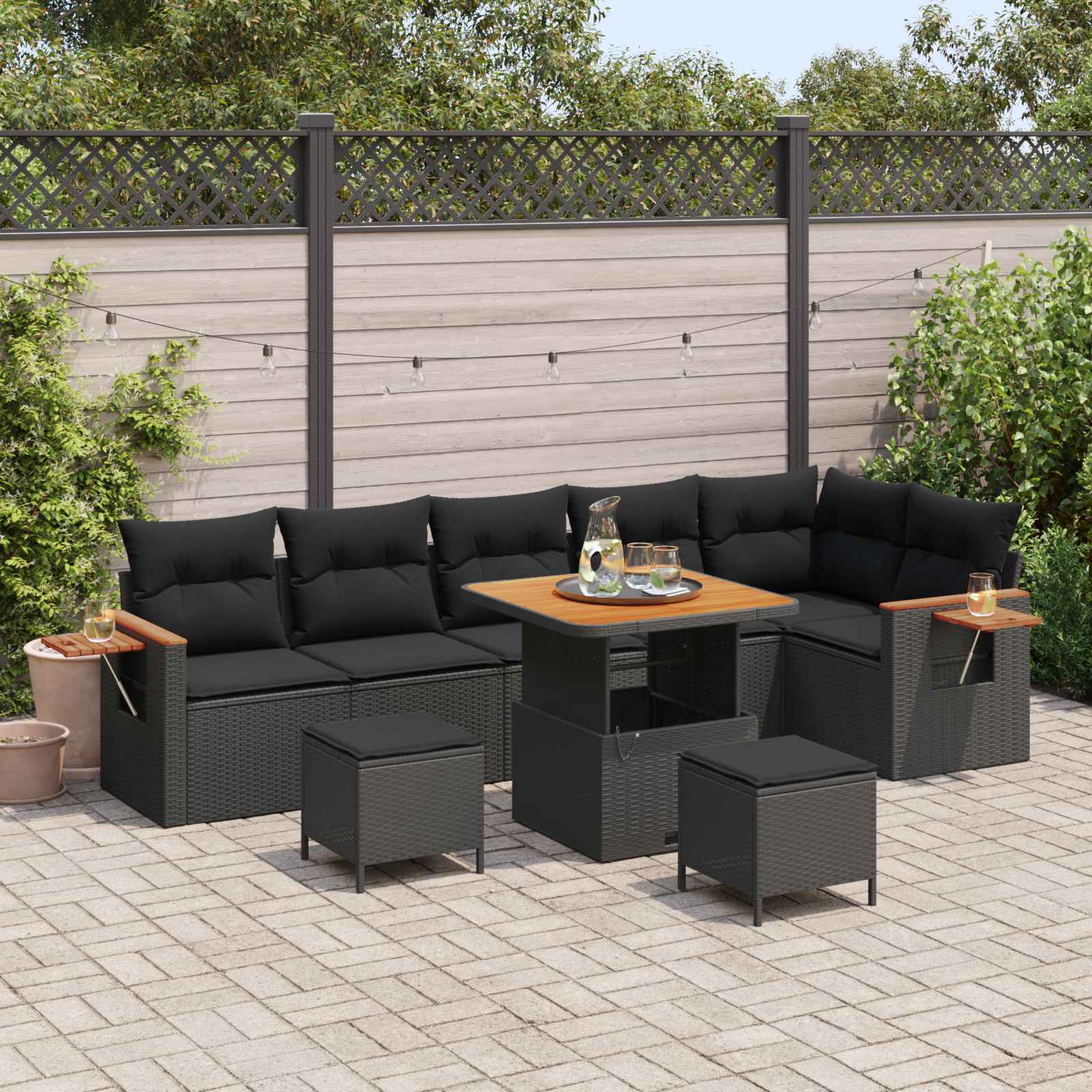 Tuinbankenset 9 pcs Zwart Poly rattan en gepoedercoat staal is nu te koop bij PeponiXL, paradijselijk wonen!