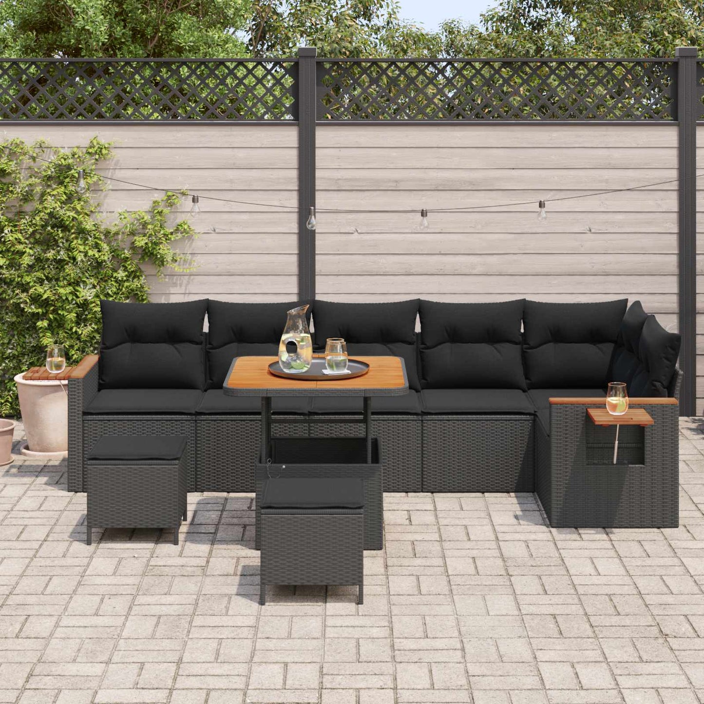 Tuinbankenset 9 pcs Zwart Poly rattan en gepoedercoat staal is nu te koop bij PeponiXL, paradijselijk wonen!