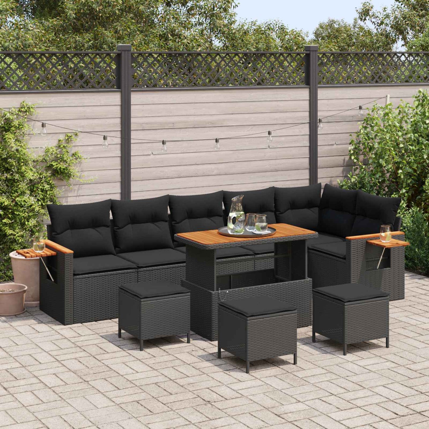 Tuinbankenset 10 pcs Zwart Poly rattan en gepoedercoat staal is nu te koop bij PeponiXL, paradijselijk wonen!
