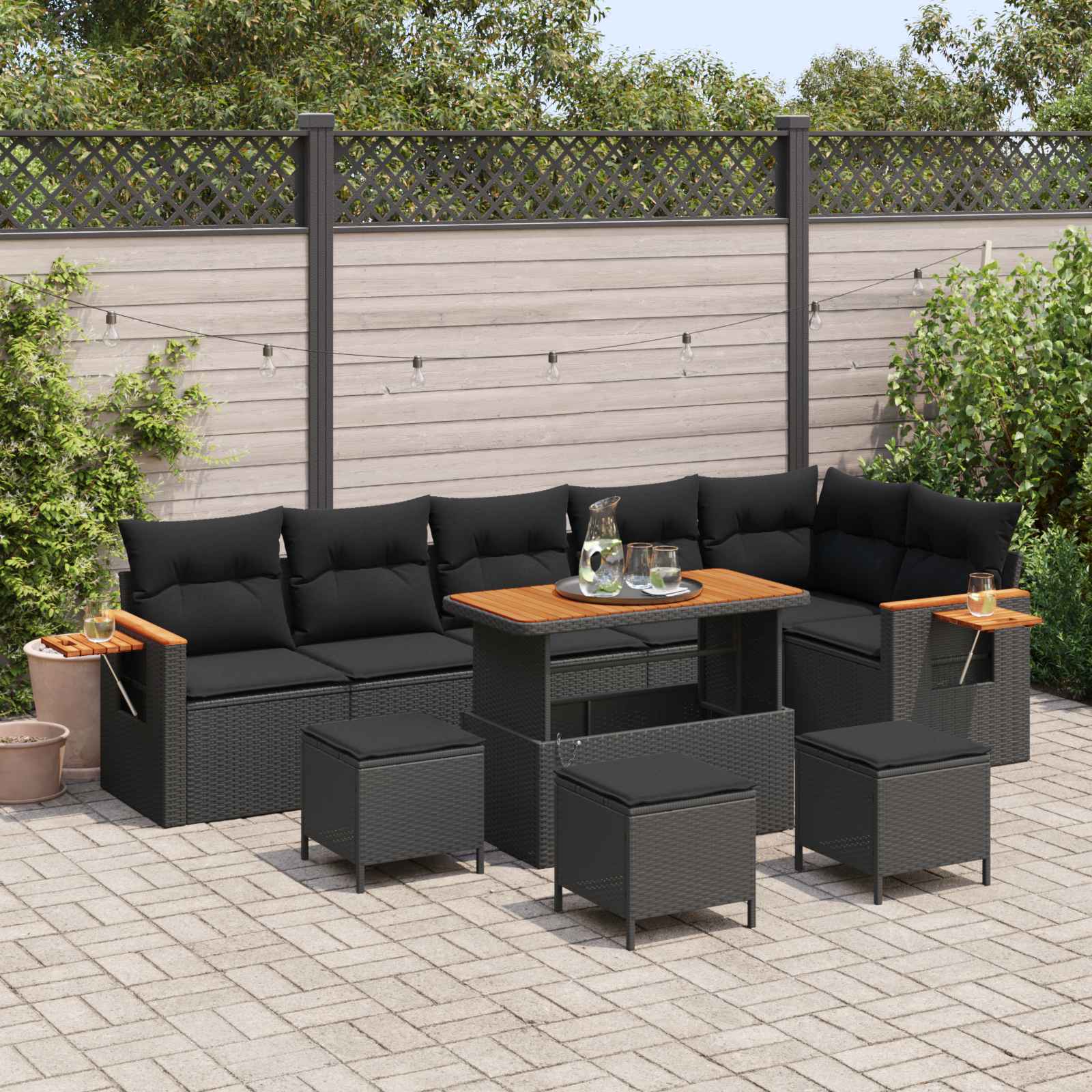 Tuinbankenset 10 pcs Zwart Poly rattan en gepoedercoat staal is nu te koop bij PeponiXL, paradijselijk wonen!