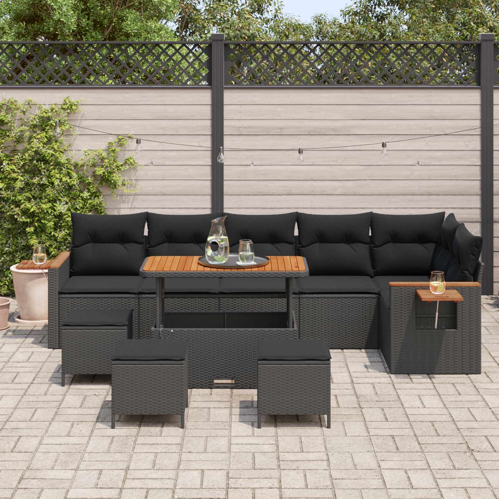 Tuinbankenset 10 pcs Zwart Poly rattan en gepoedercoat staal is nu te koop bij PeponiXL, paradijselijk wonen!