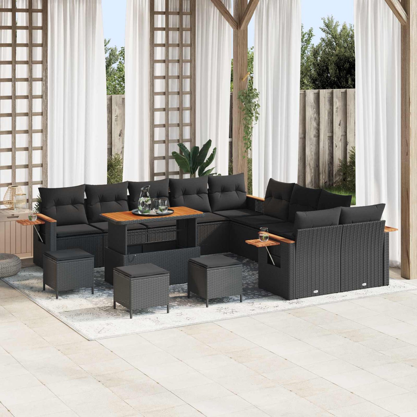 Tuinbankenset 14 pcs Zwart Poly rattan en gepoedercoat staal is nu te koop bij PeponiXL, paradijselijk wonen!