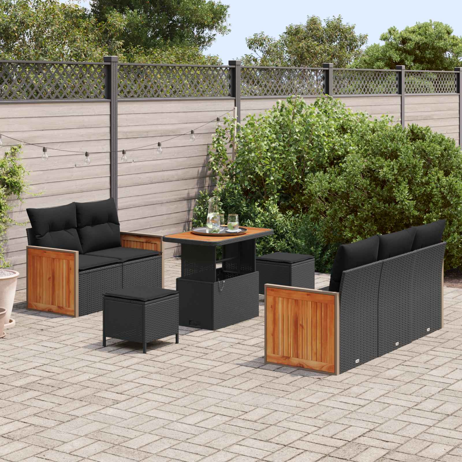 Tuinbankenset 8 pcs Zwart Poly Riet en Poedercoated Staal is nu te koop bij PeponiXL, paradijselijk wonen!