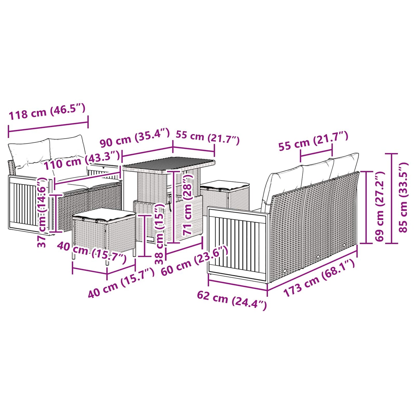 Tuinbankenset 8 pcs Zwart Poly Riet en Poedercoated Staal is nu te koop bij PeponiXL, paradijselijk wonen!