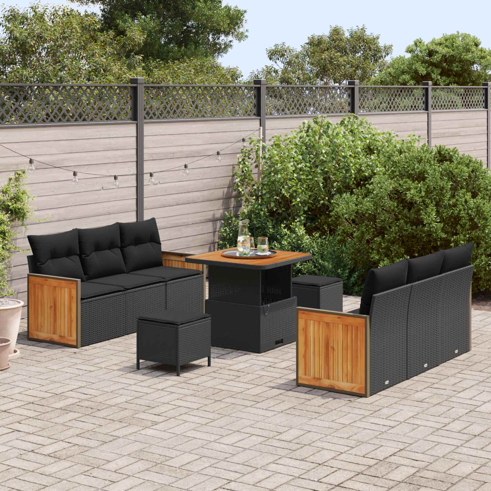 Tuinbankenset 9 pcs Zwart Poly Riet en Poedercoated Staal is nu te koop bij PeponiXL, paradijselijk wonen!
