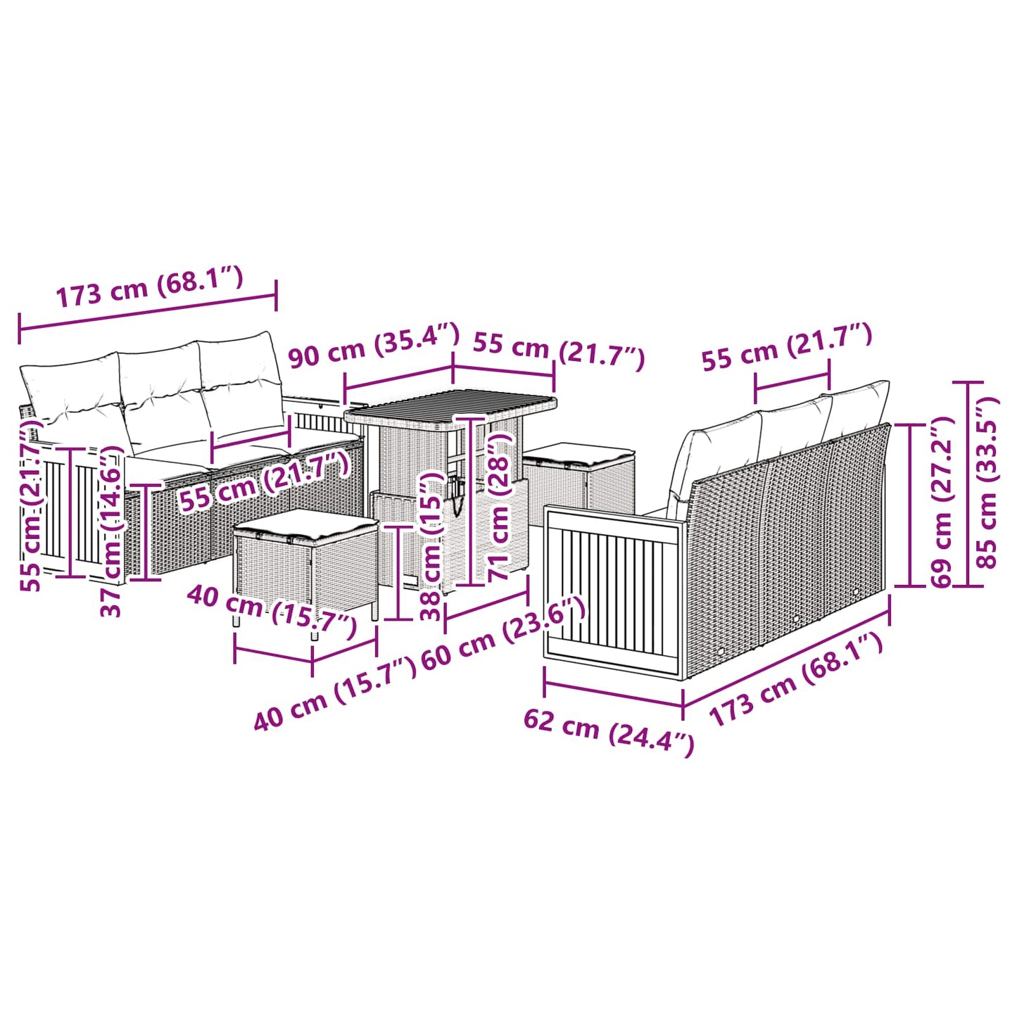 Tuinbankenset 9 pcs Zwart Poly Riet en Poedercoated Staal is nu te koop bij PeponiXL, paradijselijk wonen!