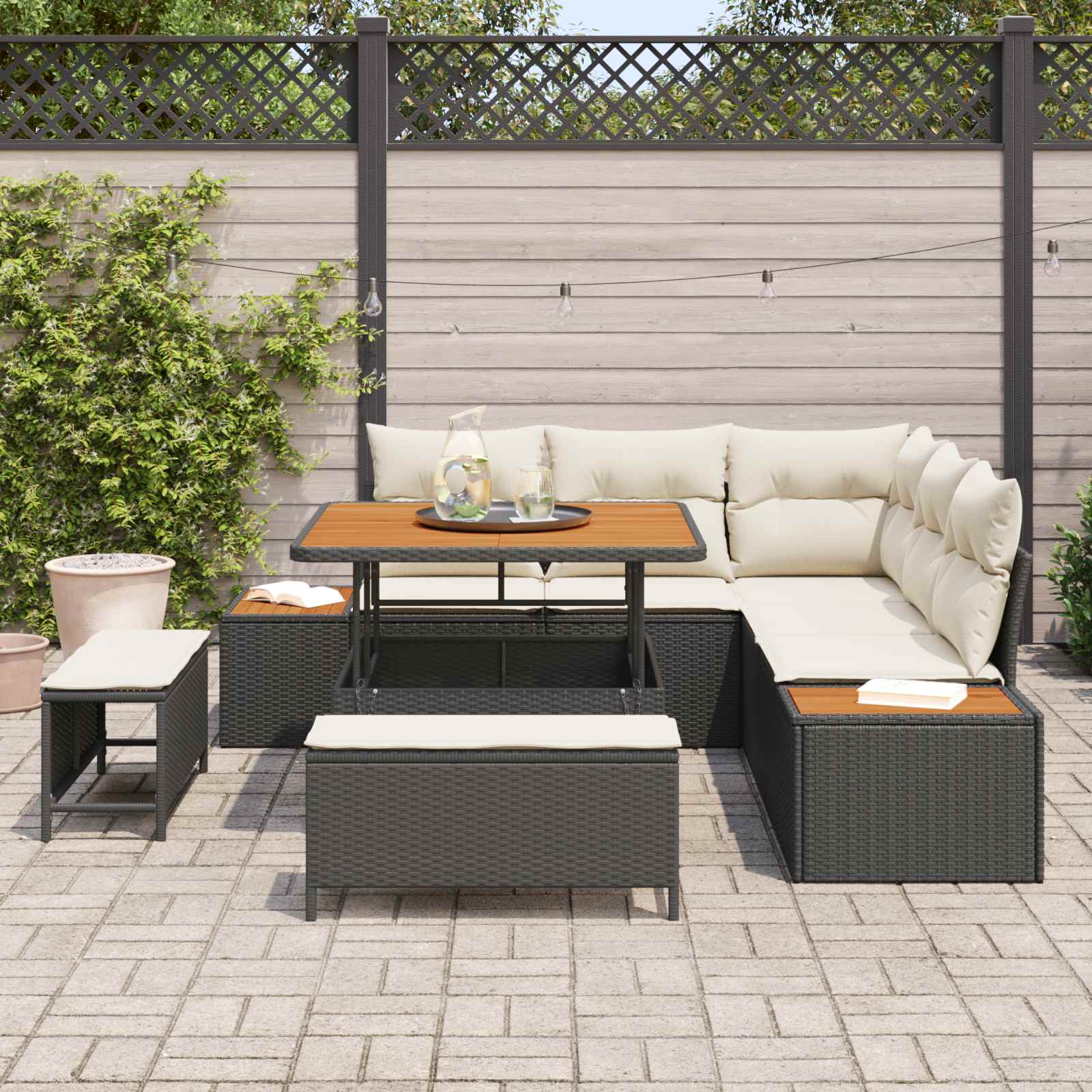Tuinbankenset met kussen 8 pcs Zwart en Crème is nu te koop bij PeponiXL, paradijselijk wonen!