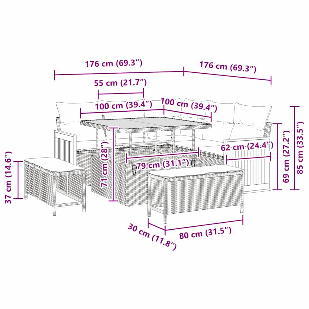 Tuinbankenset 8 pcs Grijs Poly Riet en Poedercoated Staal is nu te koop bij PeponiXL, paradijselijk wonen!