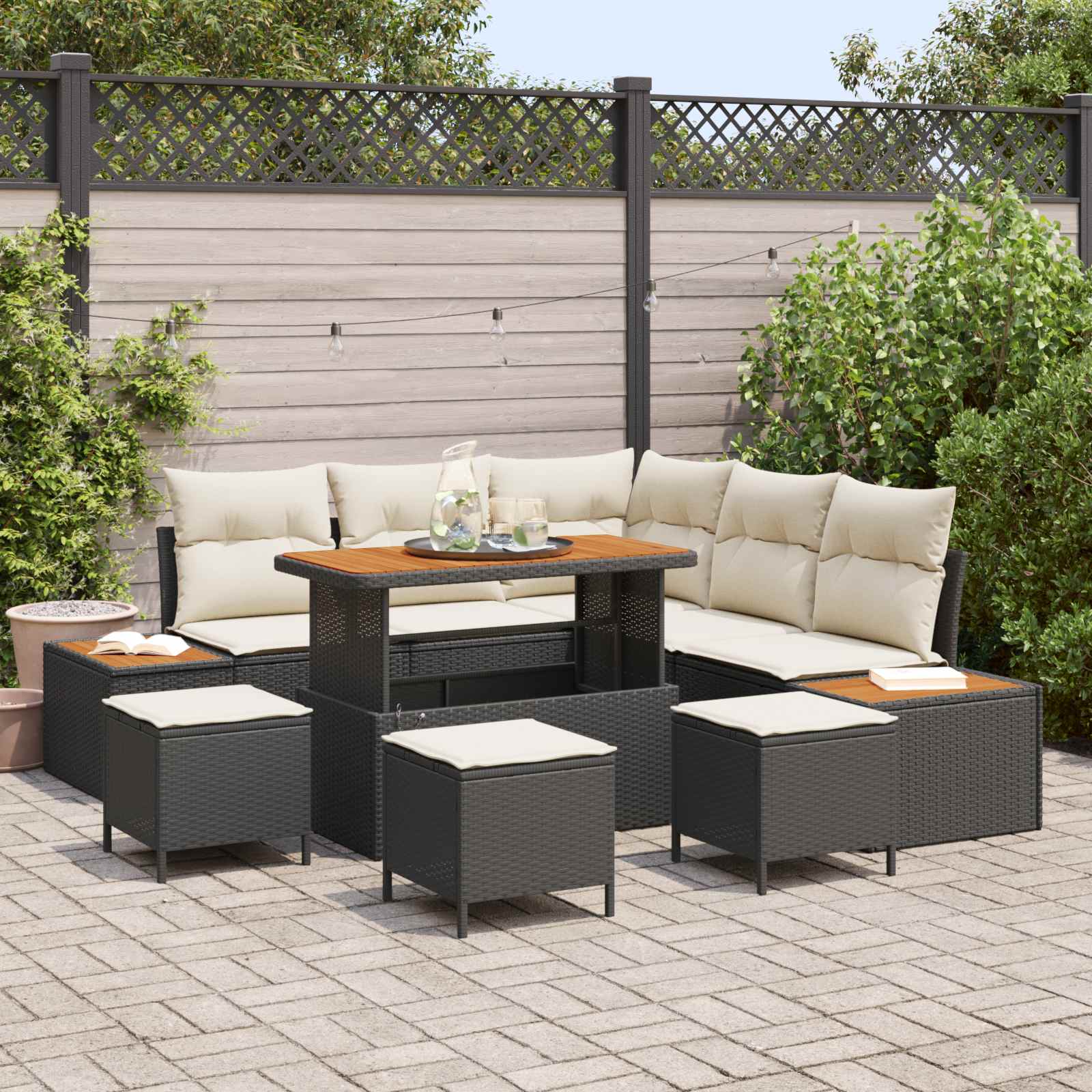 Tuinbankenset met kussen 9 pcs Zwart en Crème is nu te koop bij PeponiXL, paradijselijk wonen!