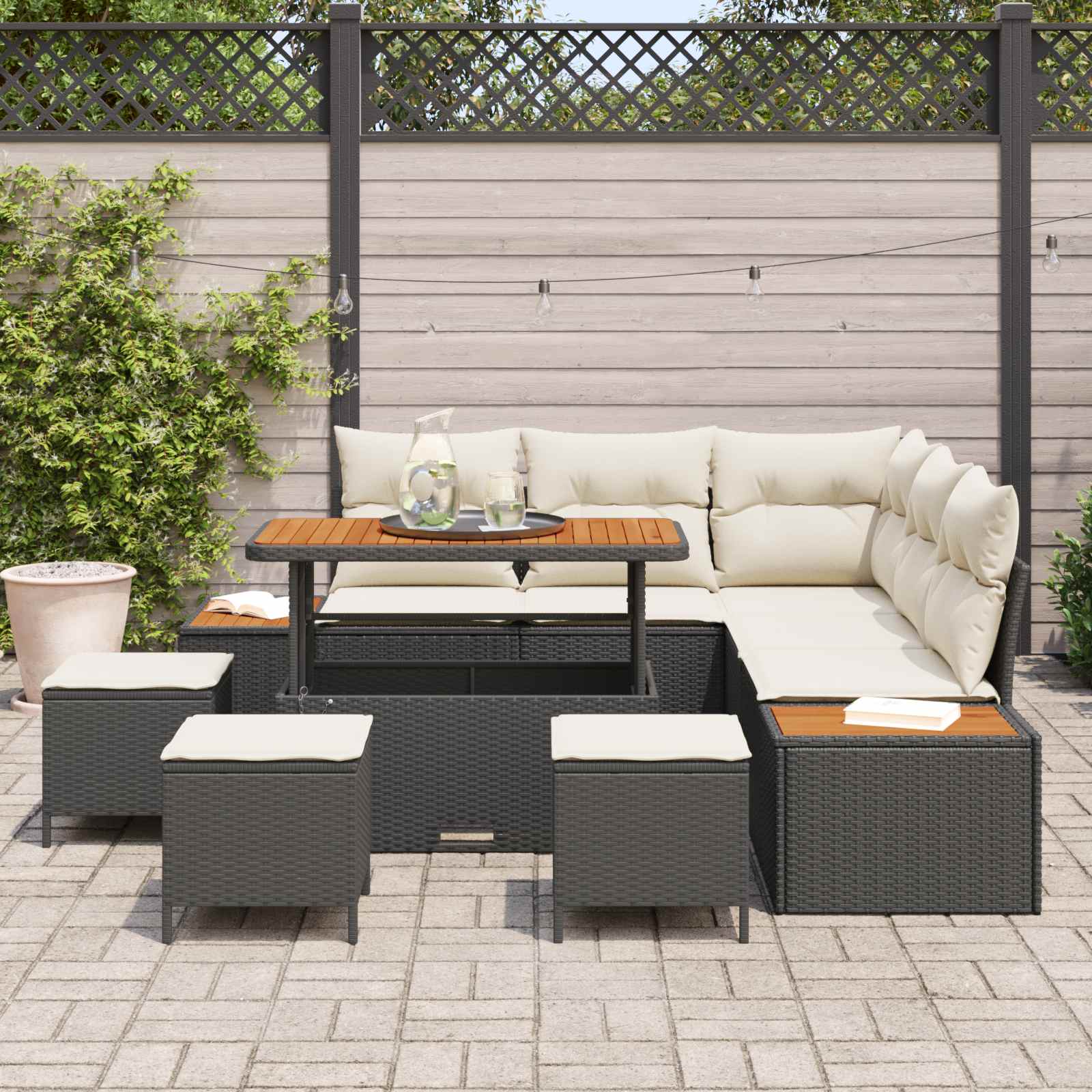 Tuinbankenset met kussen 9 pcs Zwart en Crème is nu te koop bij PeponiXL, paradijselijk wonen!