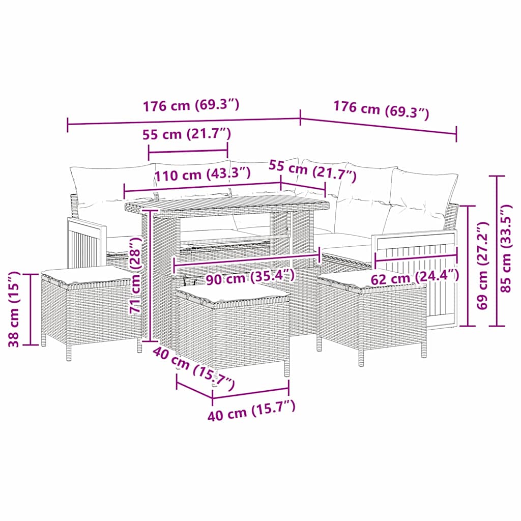 Tuinbankenset 9 pcs Grijs Poly Riet en Poedercoated Staal is nu te koop bij PeponiXL, paradijselijk wonen!