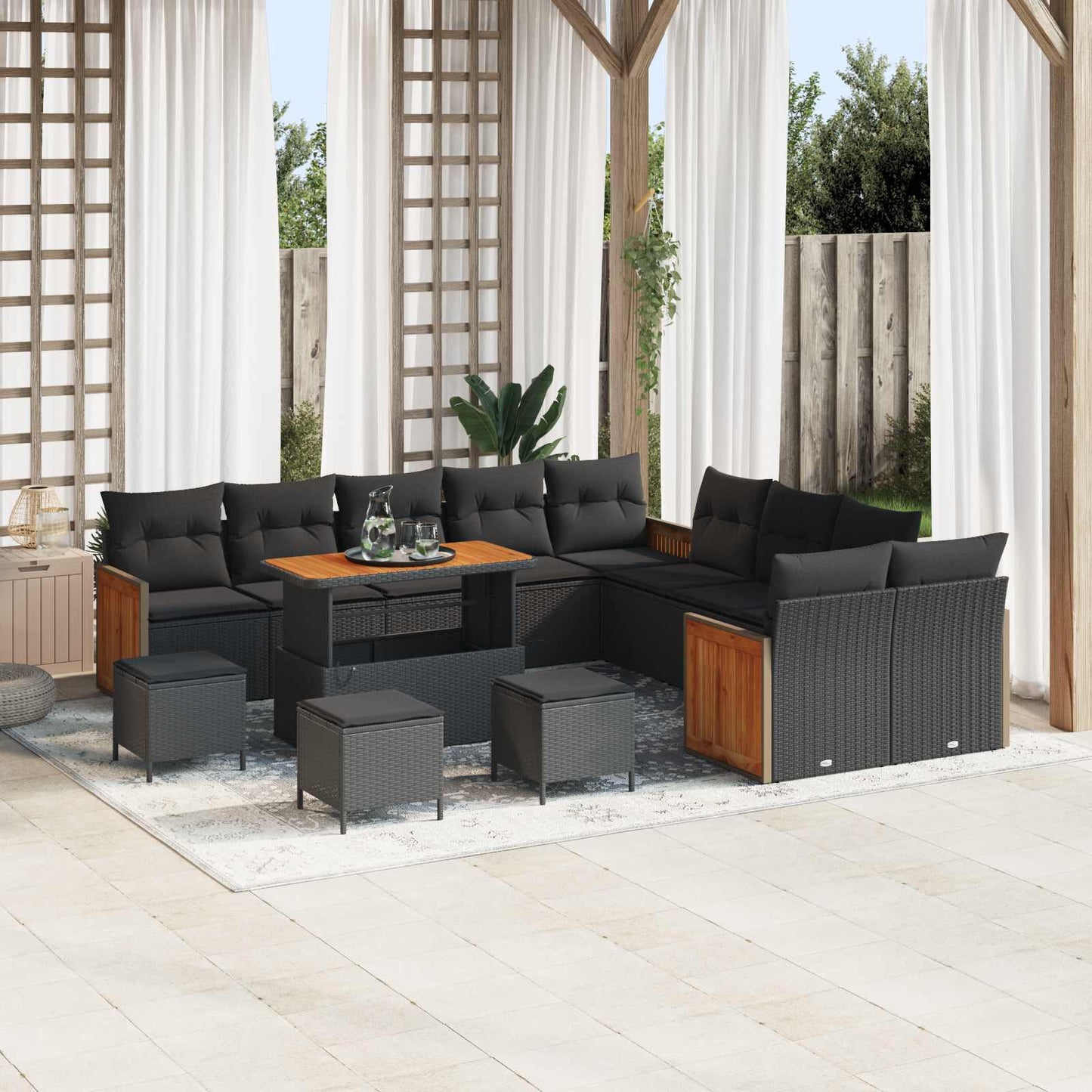 Tuinbankenset 14 pcs Zwart Poly Riet en Poedercoated Staal is nu te koop bij PeponiXL, paradijselijk wonen!
