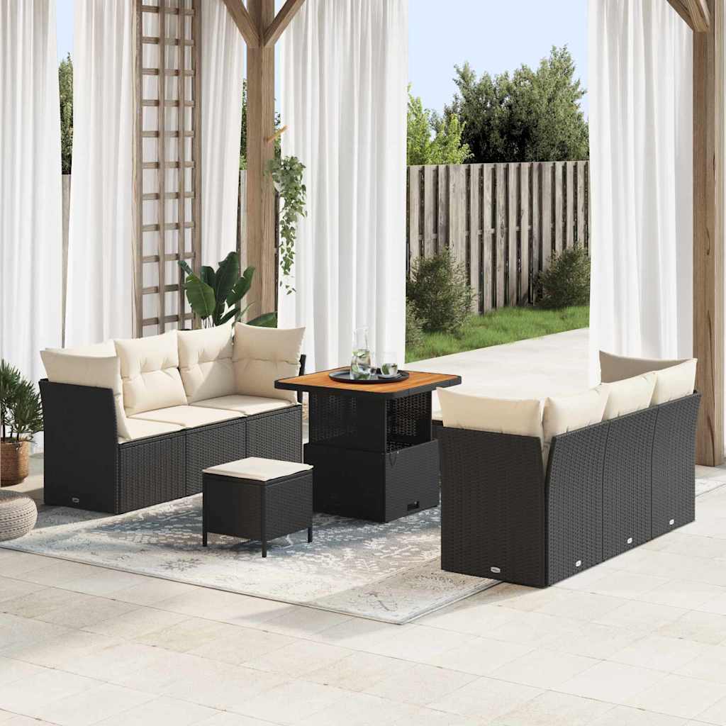 Tuin Sofa Set met kussen 9 pcs Zwart en Crème poly rattan is nu te koop bij PeponiXL, paradijselijk wonen!