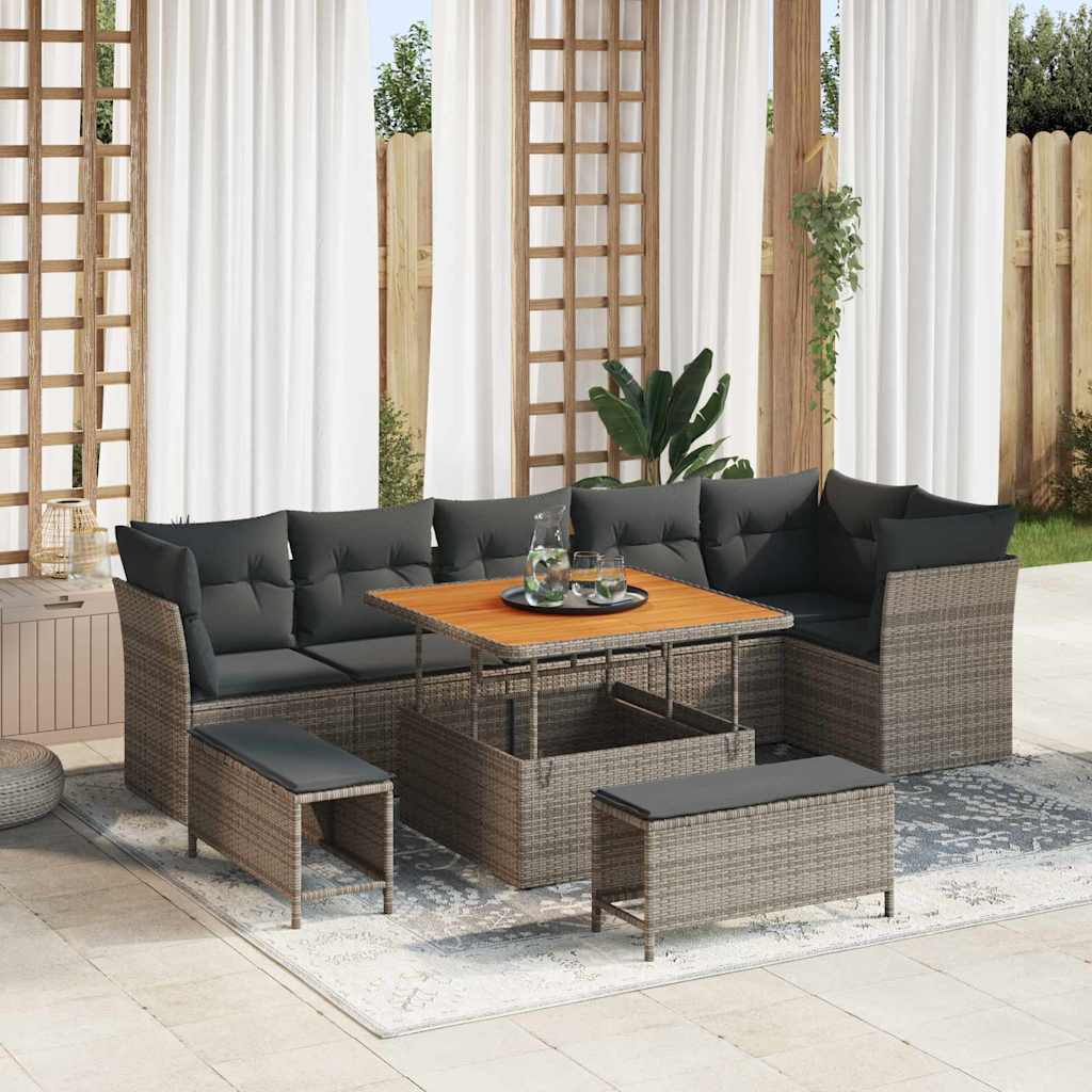Tuin Sofa Set 9 pcs Grijs Poly riet en gepoedercoat staal is nu te koop bij PeponiXL, paradijselijk wonen!