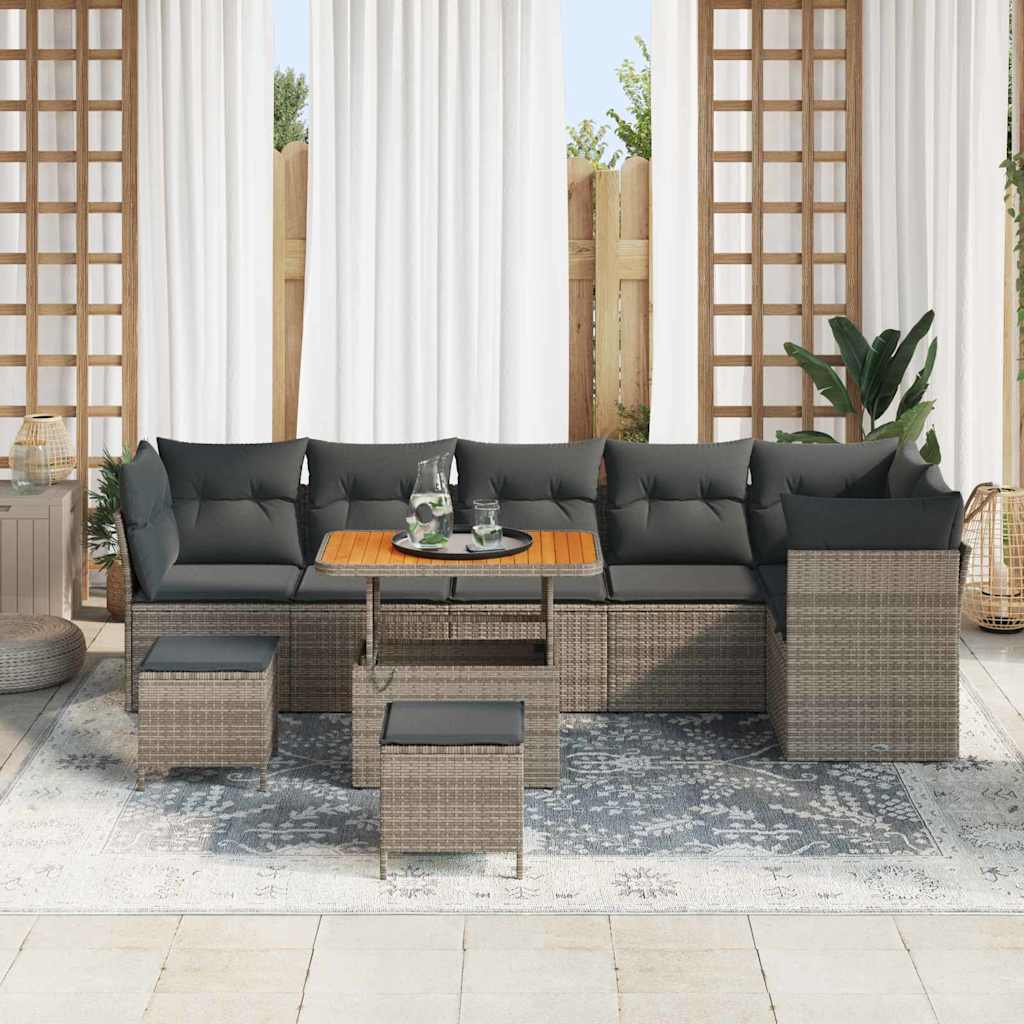 Tuin Sofa Set 9 pcs Grijs Poly riet en gepoedercoat staal is nu te koop bij PeponiXL, paradijselijk wonen!
