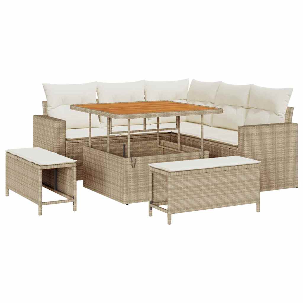 Tuinbankenset met kussen 9 pcs Beige en Crème poly rattan is nu te koop bij PeponiXL, paradijselijk wonen!