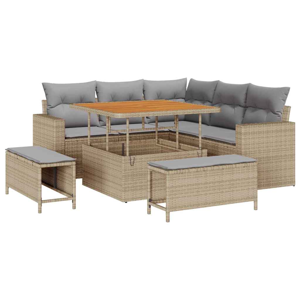 Tuinbankenset met kussen 9 pcs Beige en Licht Grijs poly rattan is nu te koop bij PeponiXL, paradijselijk wonen!