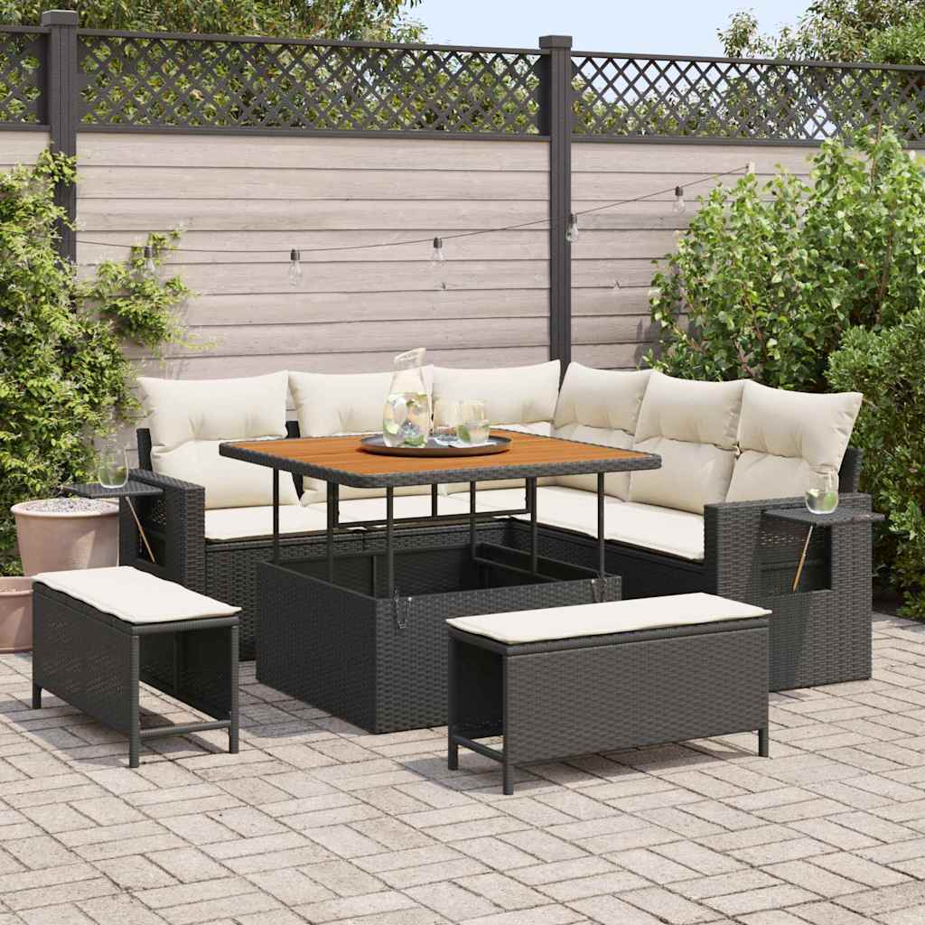 Tuinbankenset met kussen 9 pcs Zwart en Crème poly rattan is nu te koop bij PeponiXL, paradijselijk wonen!