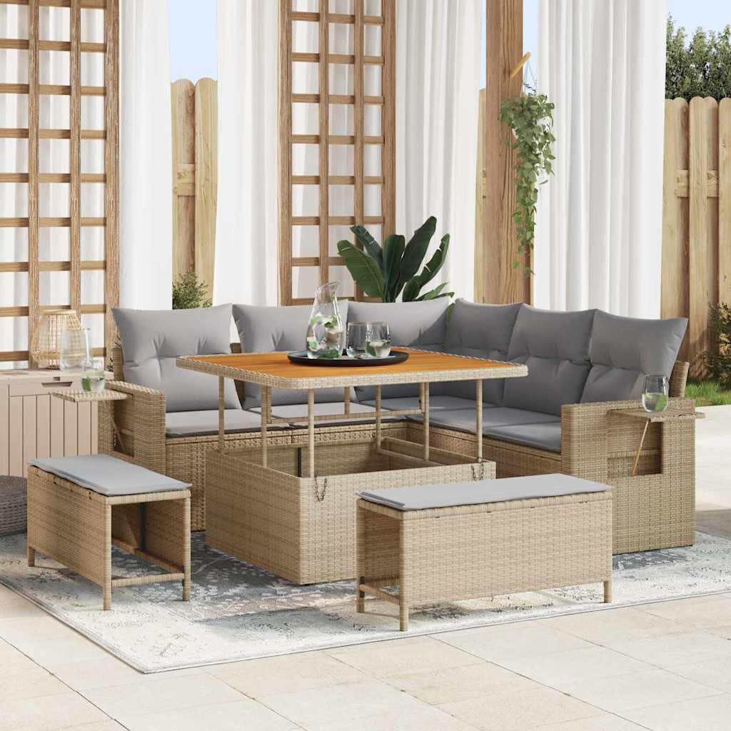 Tuinbankenset met kussen 9 pcs Beige en Licht Grijs poly rattan is nu te koop bij PeponiXL, paradijselijk wonen!