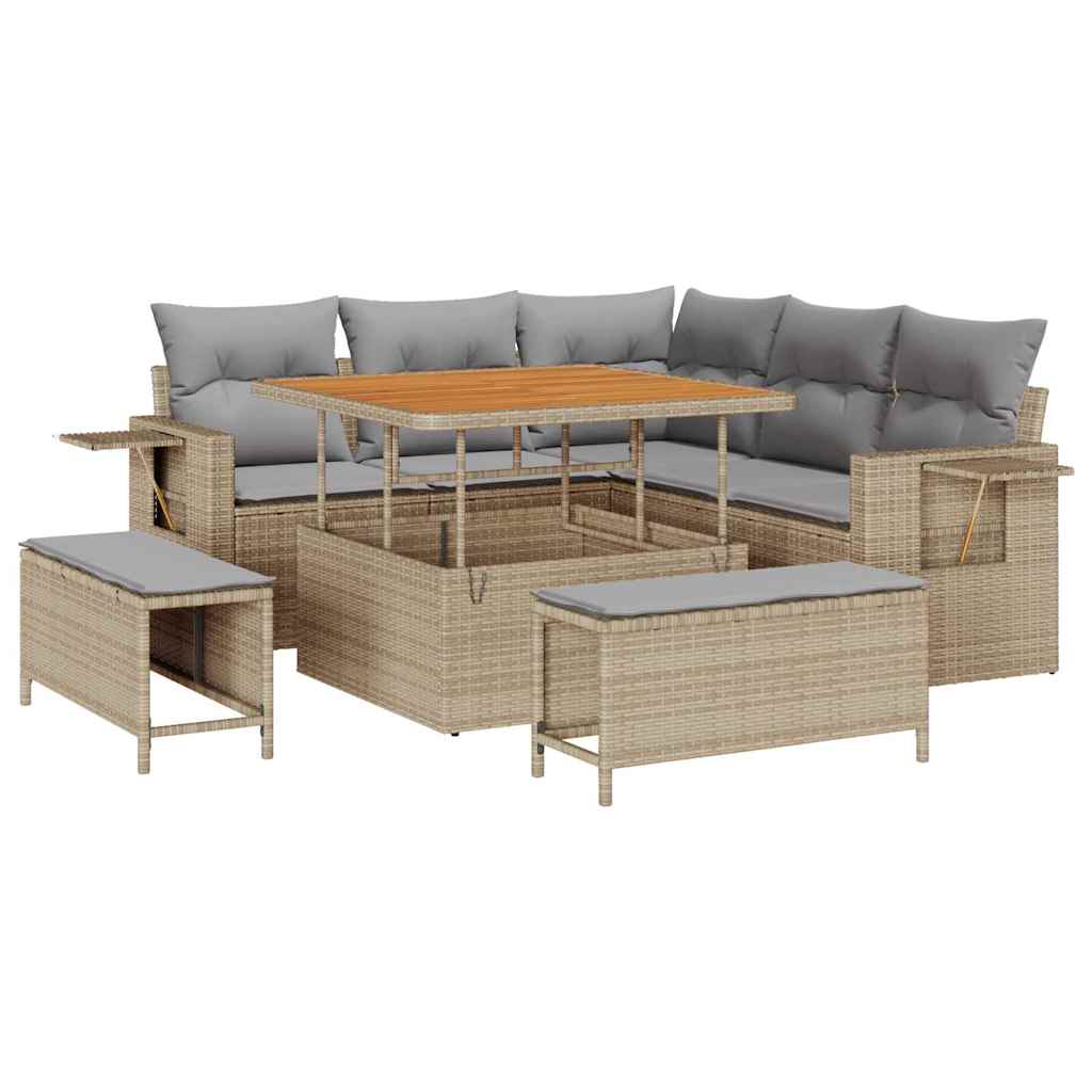 Tuinbankenset met kussen 9 pcs Beige en Licht Grijs poly rattan is nu te koop bij PeponiXL, paradijselijk wonen!