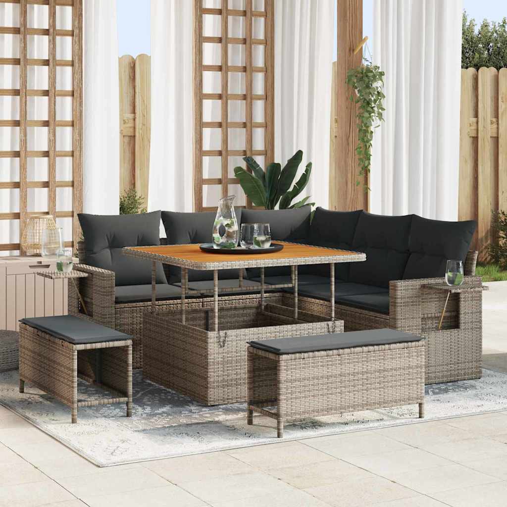 Tuinbankenset met kussen 9 pcs Grijs poly rattan is nu te koop bij PeponiXL, paradijselijk wonen!