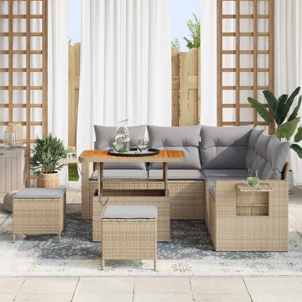 Tuinbankenset met kussen 9 pcs Beige en Licht Grijs poly rattan is nu te koop bij PeponiXL, paradijselijk wonen!