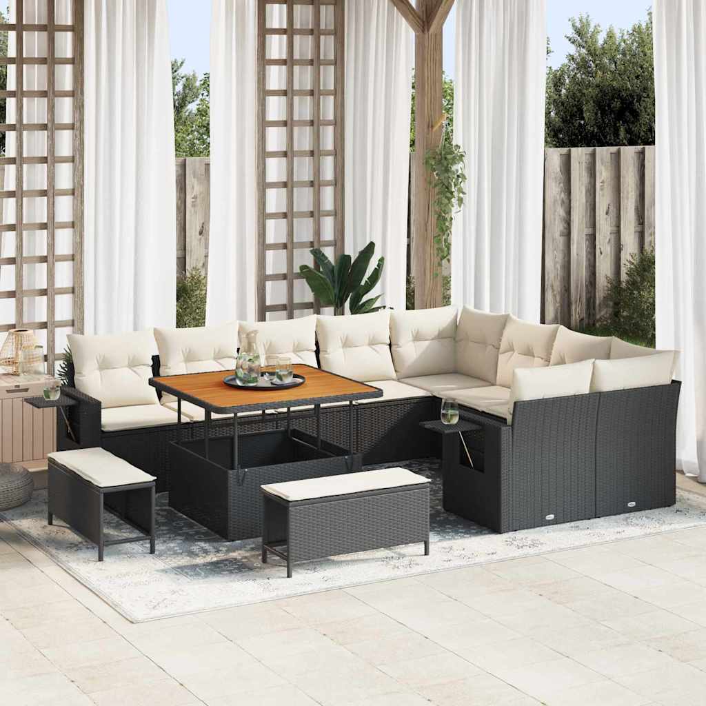 Tuinbankenset met kussen 13 pcs Zwart en Crème poly rattan is nu te koop bij PeponiXL, paradijselijk wonen!