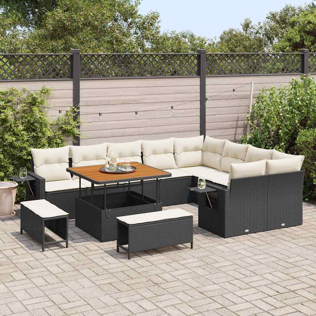 Tuinbankenset met kussen 13 pcs Zwart en Crème poly rattan is nu te koop bij PeponiXL, paradijselijk wonen!