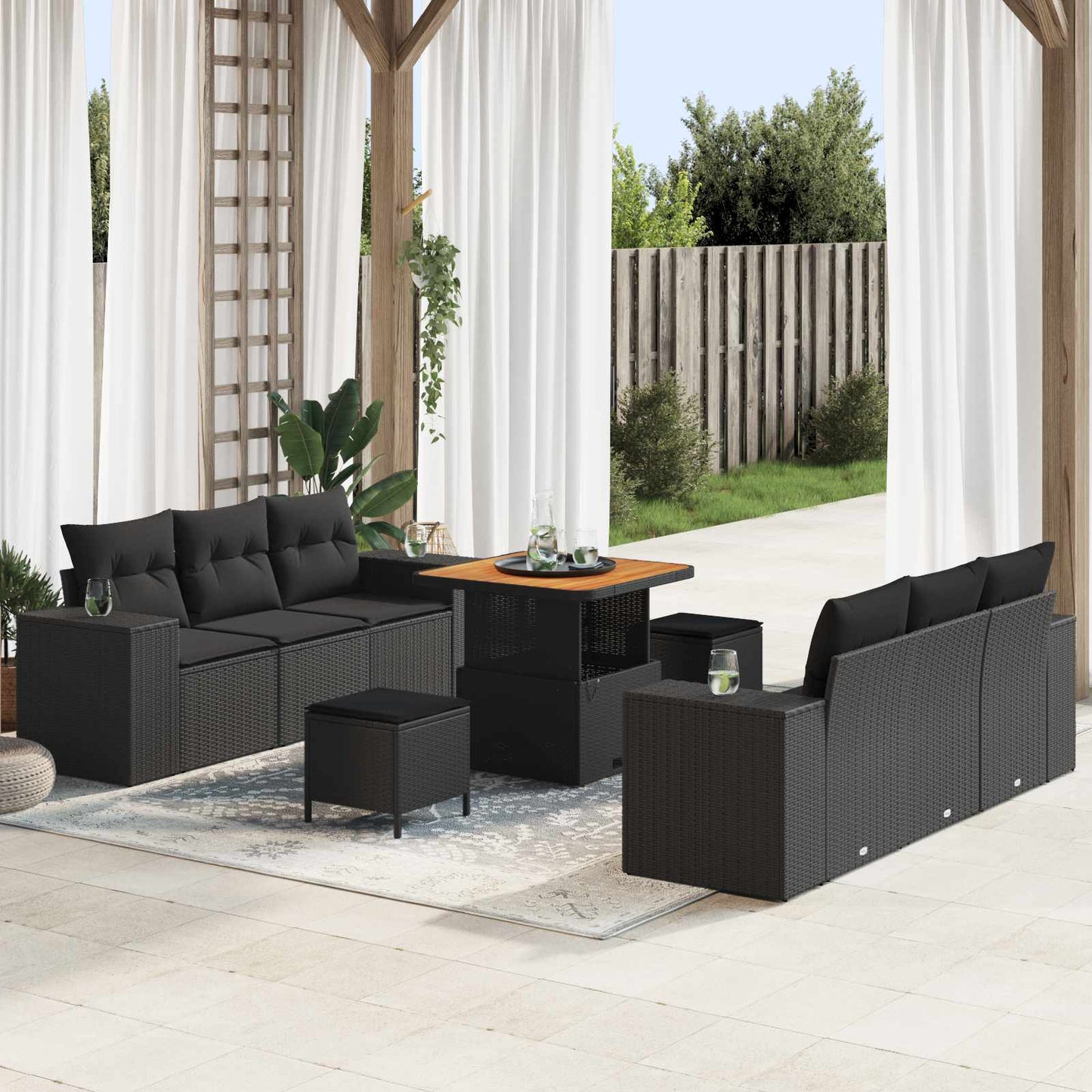 Tuin Sofa Set met kussen Zwart 221 x 204 x 85 cm Poly Rattan is nu te koop bij PeponiXL, paradijselijk wonen!