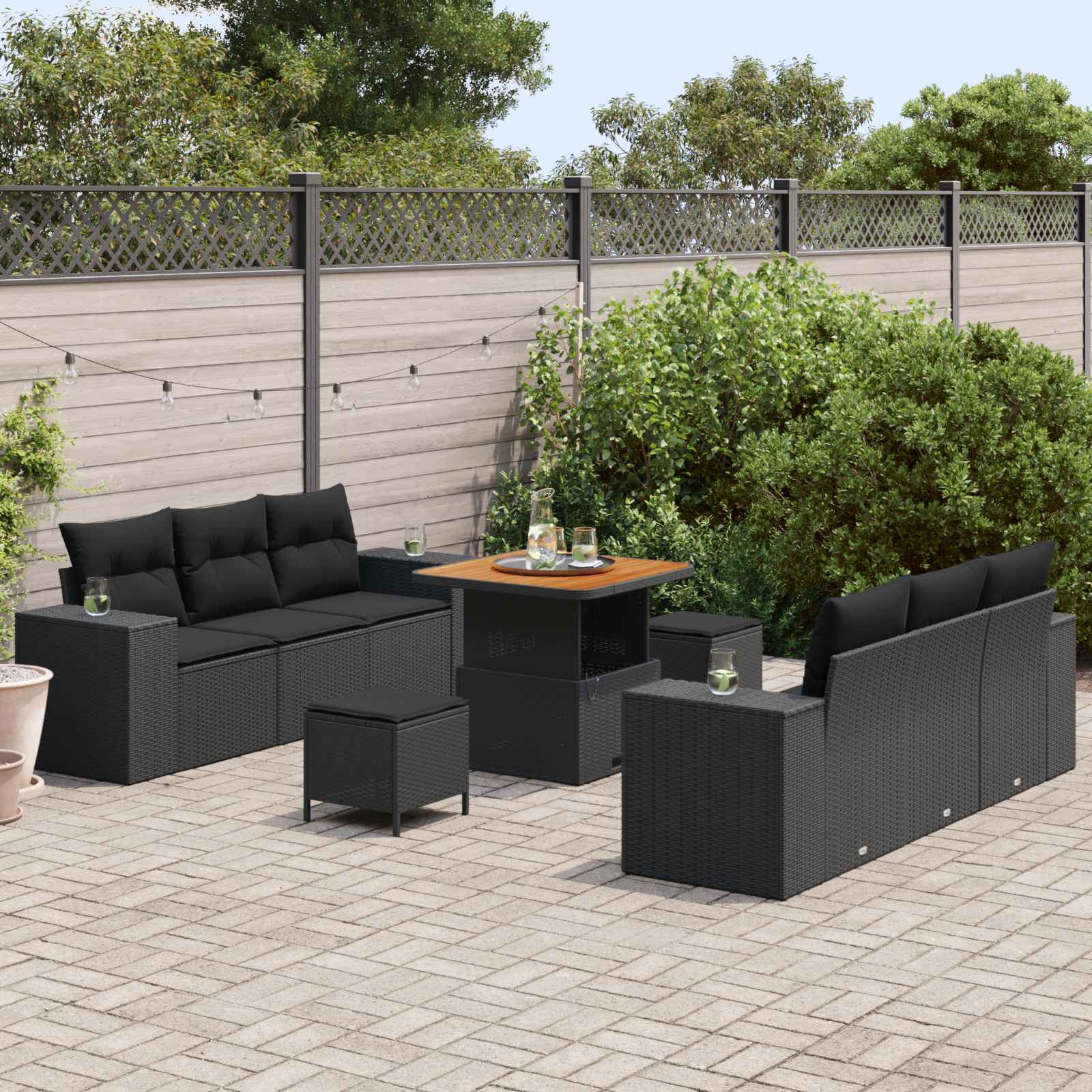 Tuin Sofa Set met kussen Zwart 221 x 204 x 85 cm Poly Rattan is nu te koop bij PeponiXL, paradijselijk wonen!