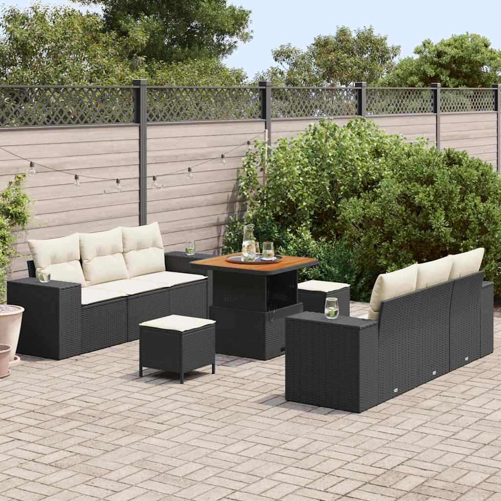 Tuin Sofa Set met kussen 9 pcs Zwart en Crème Poly Rattan is nu te koop bij PeponiXL, paradijselijk wonen!