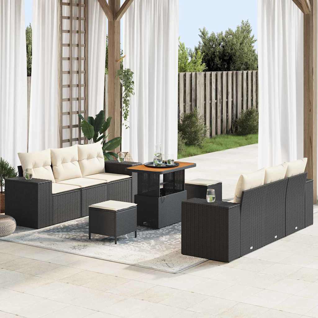 Tuin Sofa Set met kussen 9 pcs Zwart en Crème Poly Rattan is nu te koop bij PeponiXL, paradijselijk wonen!