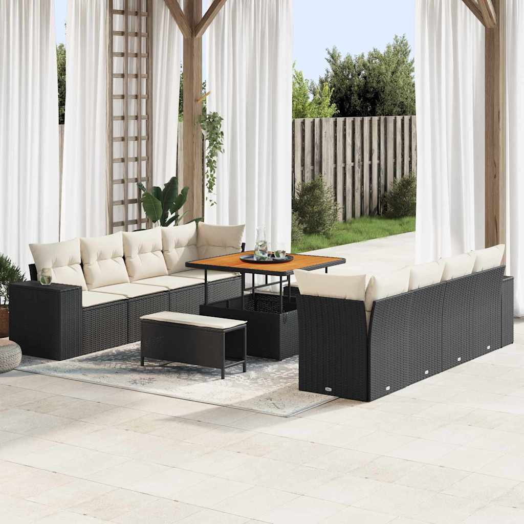 Tuin Sofa Set met kussen 11 pcs Zwart en Crème poly rattan is nu te koop bij PeponiXL, paradijselijk wonen!