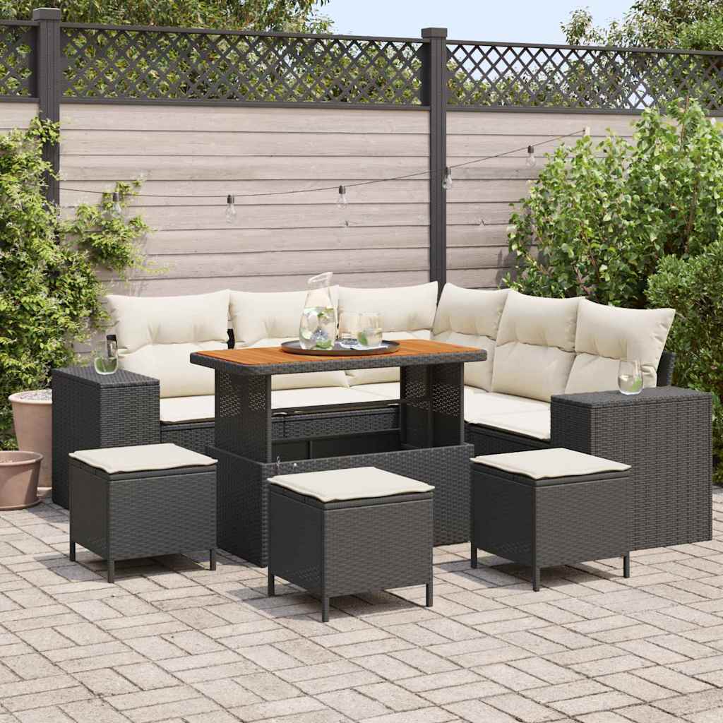 Tuin Sofa Set met kussen 9 pcs Zwart en Crème poly rattan is nu te koop bij PeponiXL, paradijselijk wonen!