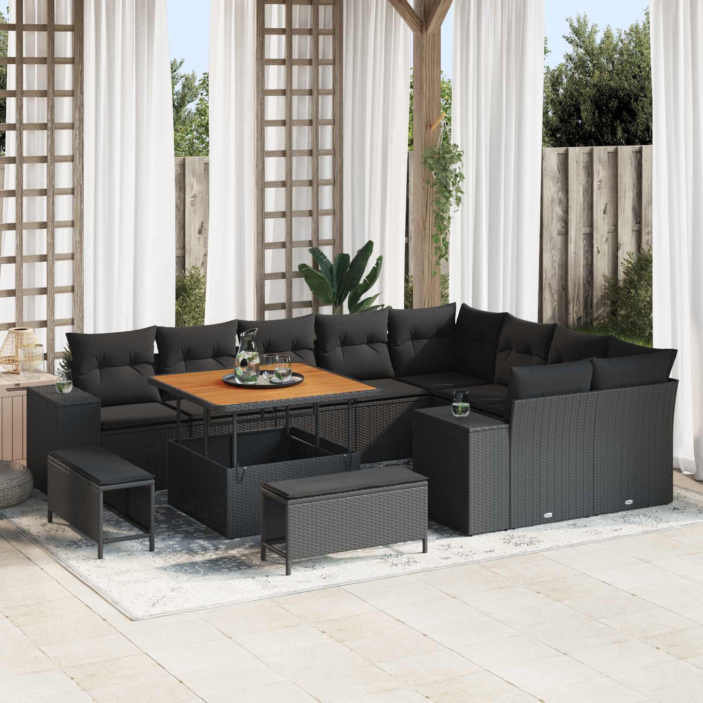 Tuin Sofa Set met kussen met opslag met kussen 12 pcs Zwart is nu te koop bij PeponiXL, paradijselijk wonen!