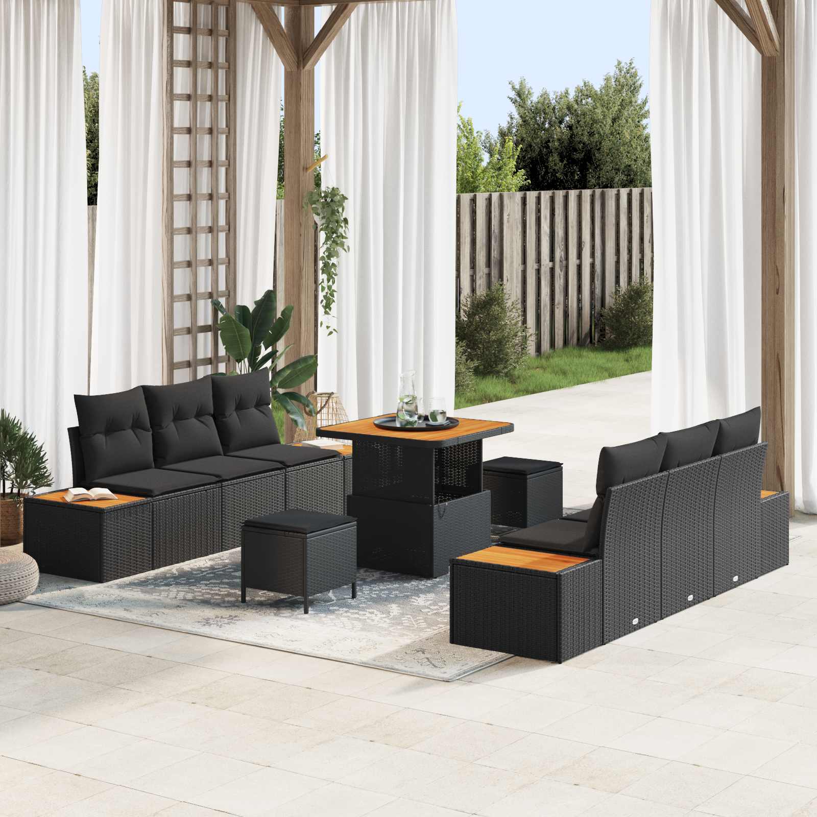 Tuinbankenset met kussen met opslag 9 pcs Zwart Poly riet is nu te koop bij PeponiXL, paradijselijk wonen!