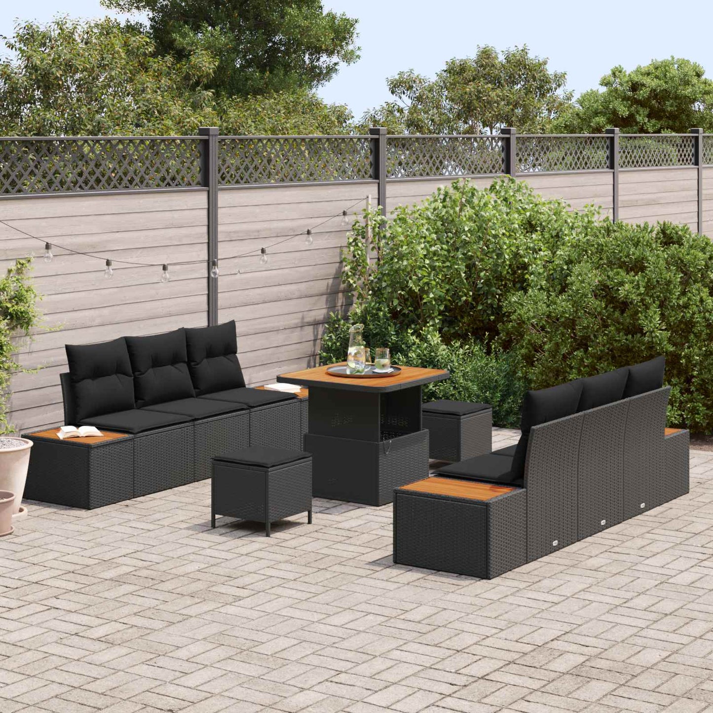 Tuinbankenset met kussen met opslag 9 pcs Zwart Poly riet is nu te koop bij PeponiXL, paradijselijk wonen!