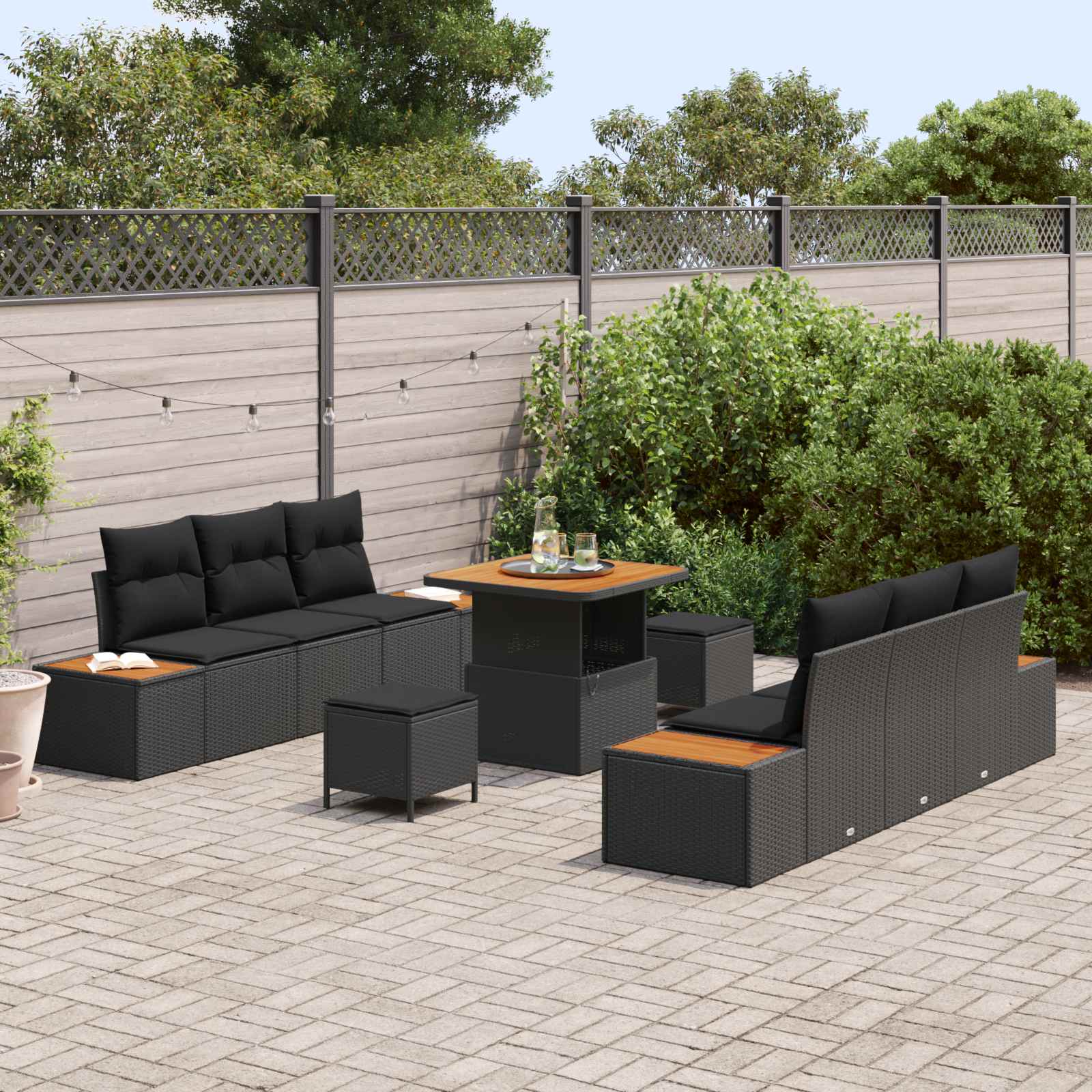 Tuinbankenset met kussen met opslag 9 pcs Zwart Poly riet is nu te koop bij PeponiXL, paradijselijk wonen!