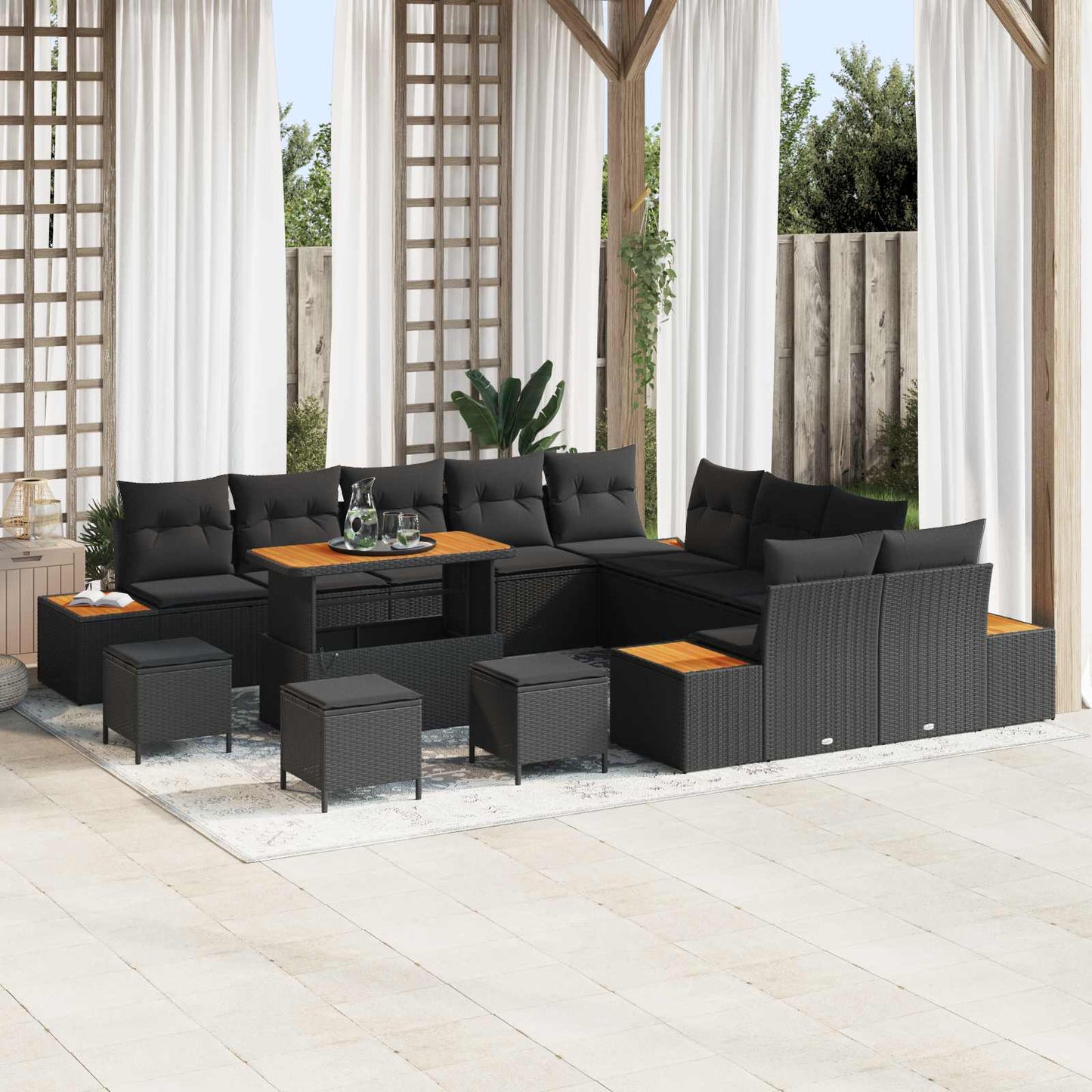 Tuinbankenset met kussen met opslag 14 pcs Zwart Poly riet is nu te koop bij PeponiXL, paradijselijk wonen!