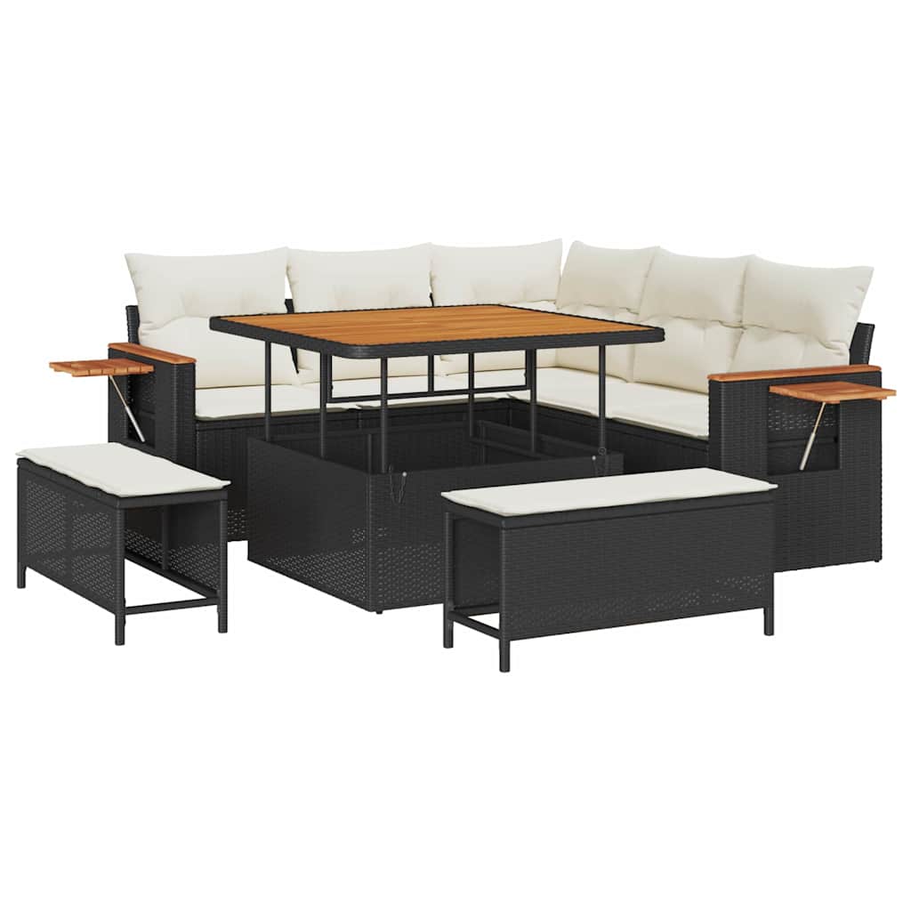 Tuinbankenset met kussen 9 pcs Zwart en Crème poly rattan is nu te koop bij PeponiXL, paradijselijk wonen!