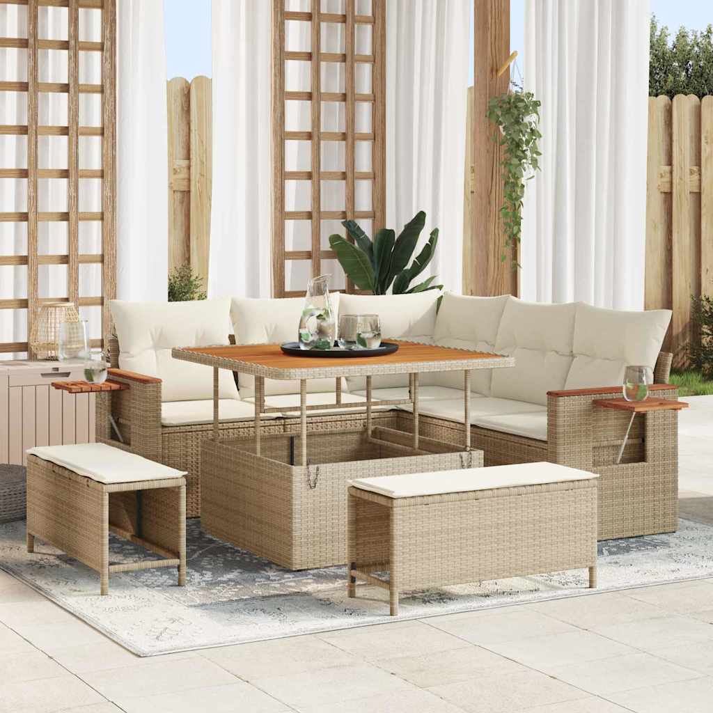 Tuinbankenset met kussen 9 pcs Beige en Crème poly rattan is nu te koop bij PeponiXL, paradijselijk wonen!