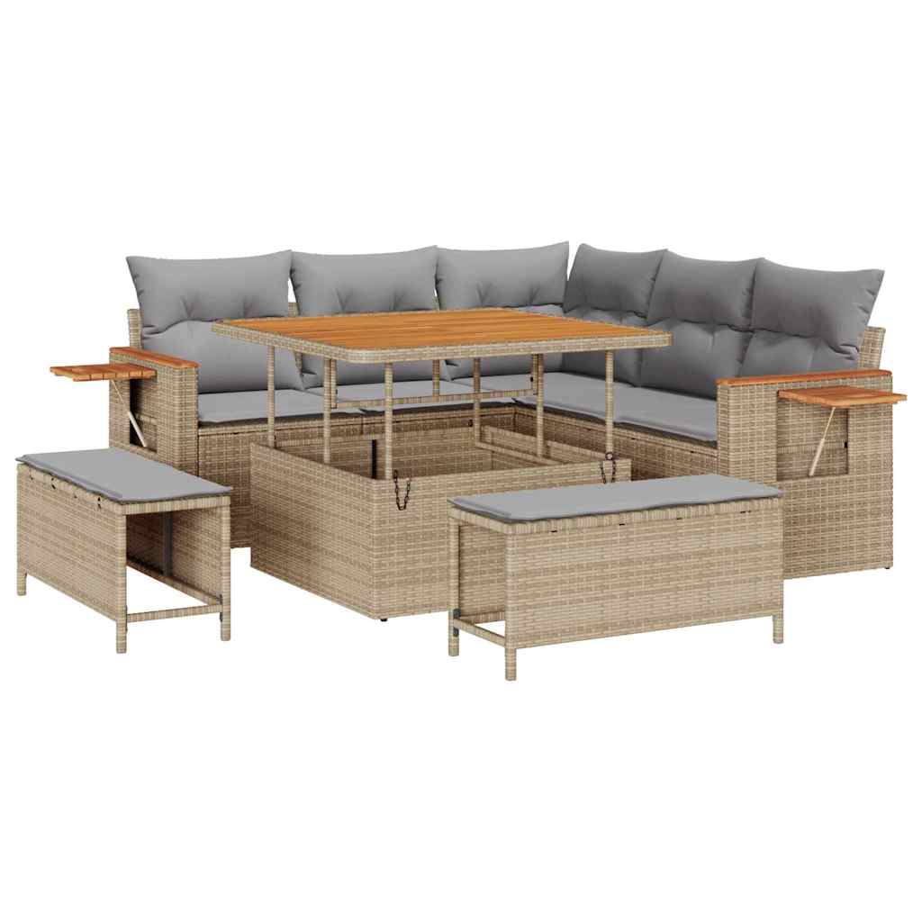 Tuinbankenset met kussen 9 pcs Beige en Licht Grijs poly rattan is nu te koop bij PeponiXL, paradijselijk wonen!