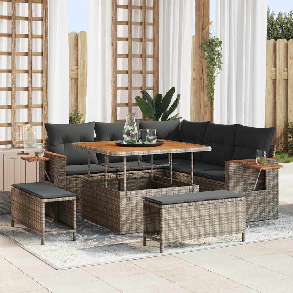Tuinbankenset met kussen 9 pcs Grijs poly rattan is nu te koop bij PeponiXL, paradijselijk wonen!