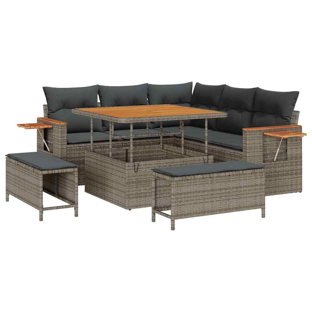 Tuinbankenset met kussen 9 pcs Grijs poly rattan is nu te koop bij PeponiXL, paradijselijk wonen!