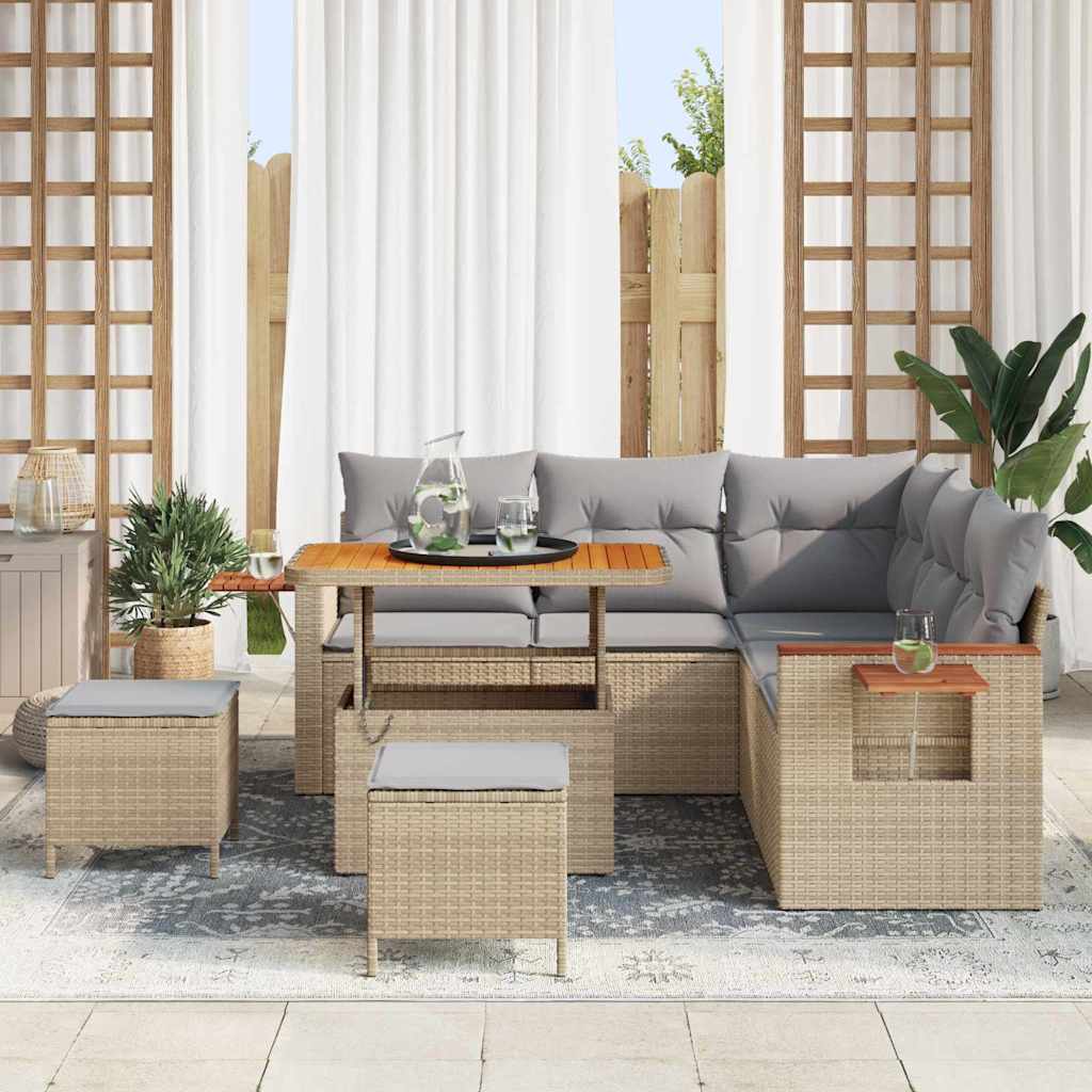 Tuinbankenset met kussen 9 pcs Beige en Licht Grijs poly rattan is nu te koop bij PeponiXL, paradijselijk wonen!