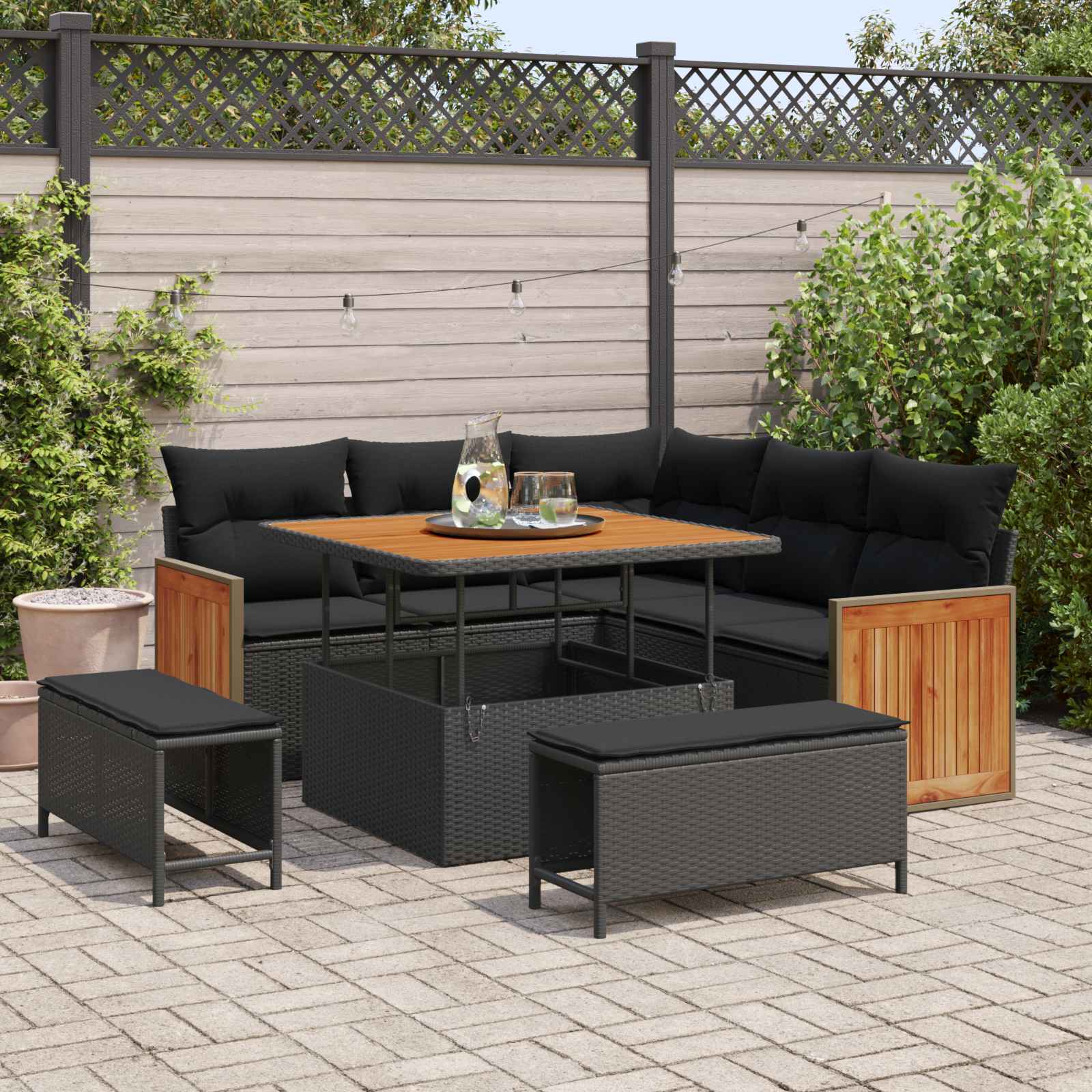 Tuinbankenset met kussen 9 pcs Zwart poly rattan is nu te koop bij PeponiXL, paradijselijk wonen!