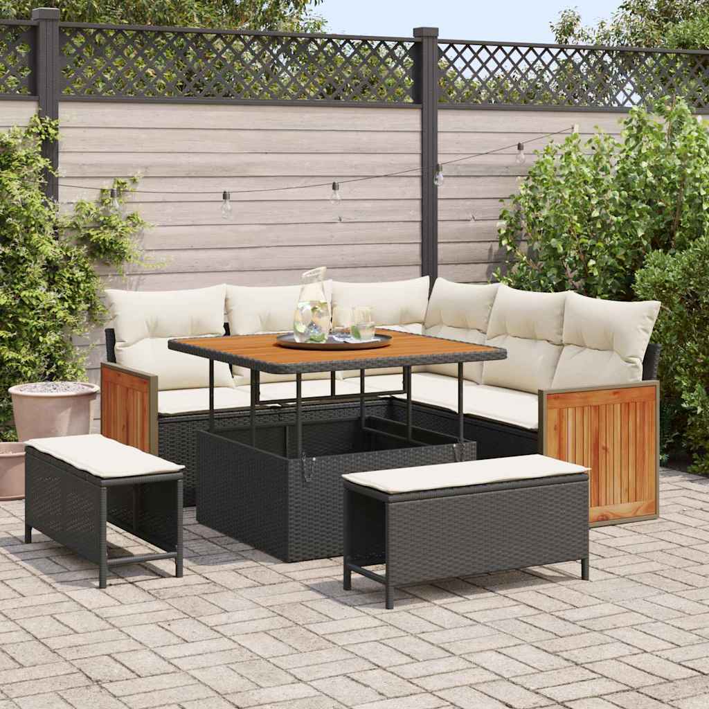 Tuinbankenset met kussen 9 pcs Zwart en Crème poly rattan is nu te koop bij PeponiXL, paradijselijk wonen!