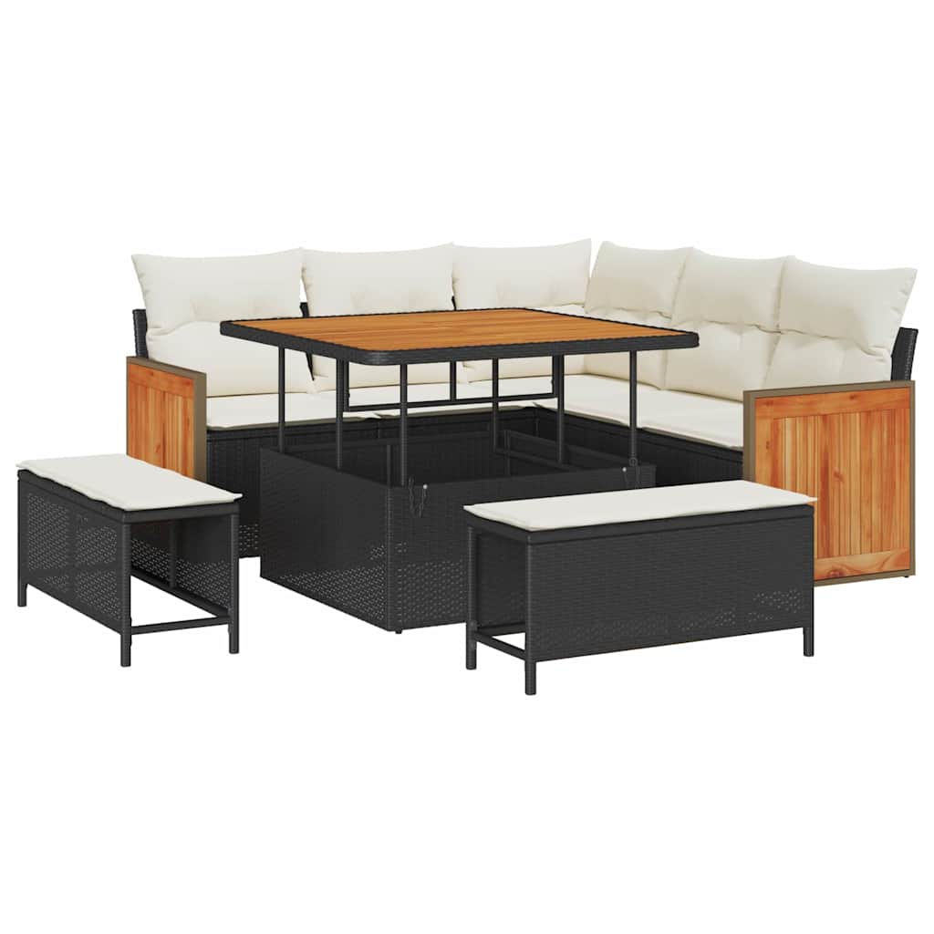 Tuinbankenset met kussen 9 pcs Zwart en Crème poly rattan is nu te koop bij PeponiXL, paradijselijk wonen!