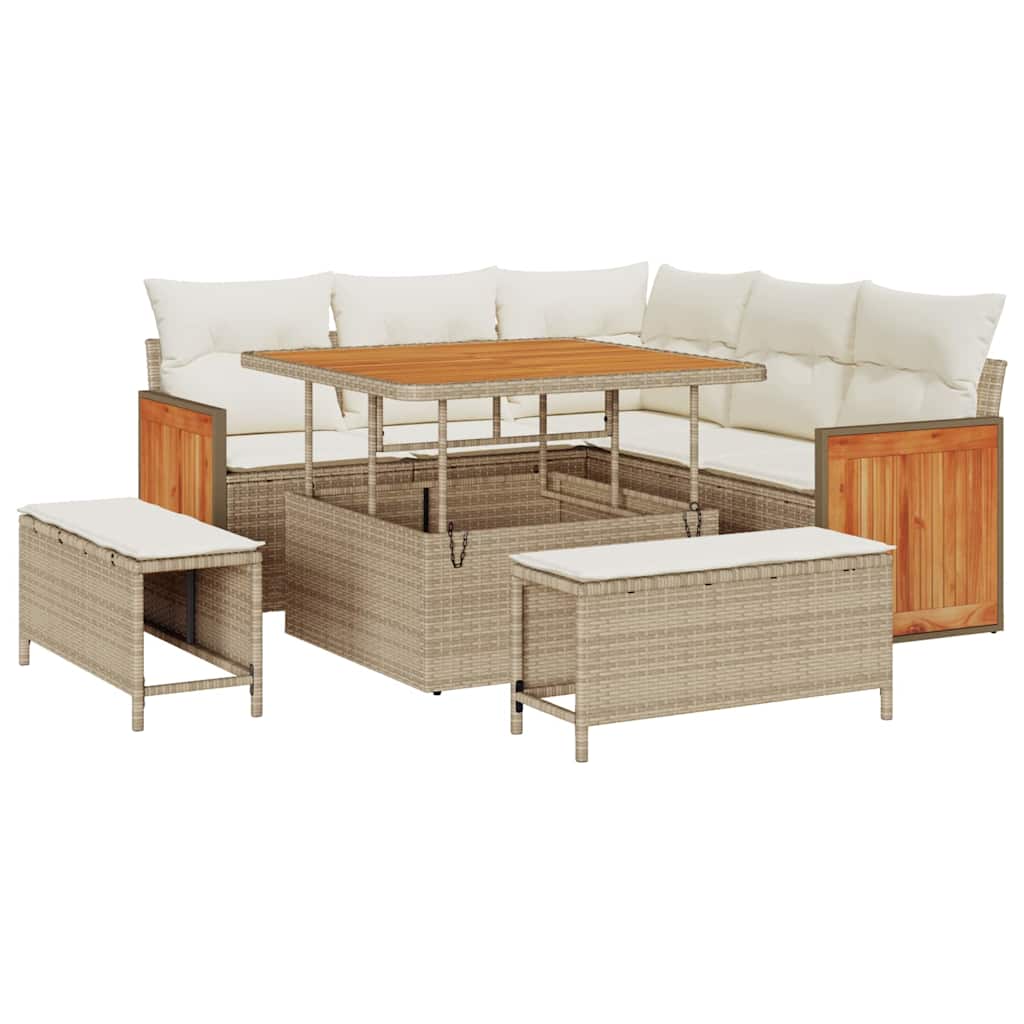 Tuinbankenset met kussen 9 pcs Beige en Crème poly rattan is nu te koop bij PeponiXL, paradijselijk wonen!